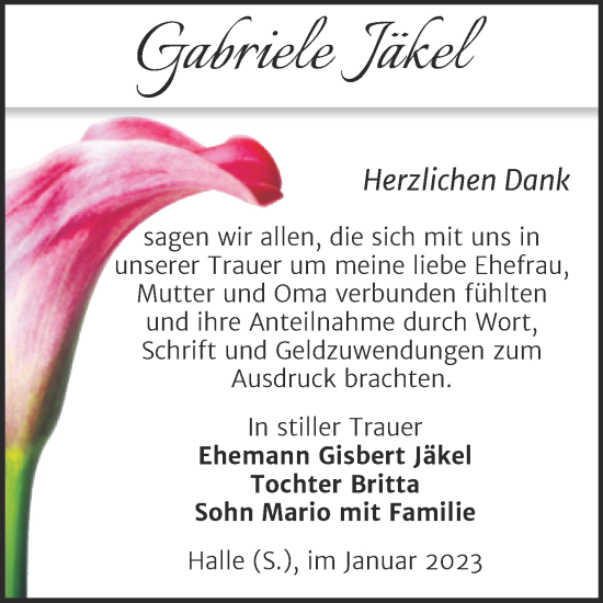 Traueranzeige von Gabriele Jäkel von Mitteldeutsche Zeitung Halle/Saalkreis