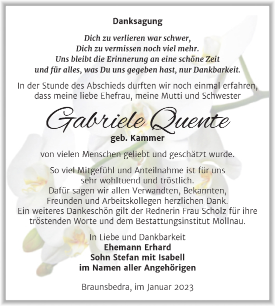 Traueranzeige von Gabriele Quente von Trauerkombi Merseburg
