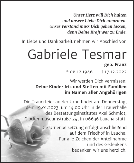 Traueranzeige von Gabriele Tesmar von Wochenspiegel Naumburg/Nebra