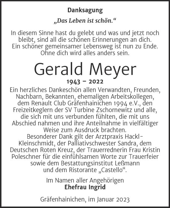 Traueranzeige von Gerald Meyer von Trauerkombi Wittenberg