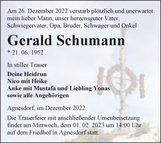 Traueranzeige von Gerald Schumann von Mitteldeutsche Zeitung Sangerhausen