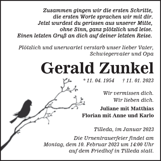 Traueranzeige von Gerald Zunkel von Trauerkombi Sangerhausen
