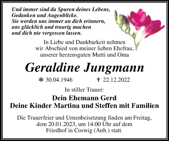 Traueranzeige von Geraldine Jungmann von Trauerkombi Wittenberg