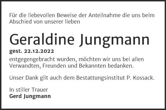 Traueranzeige von Geraldine Jungmann von Trauerkombi Wittenberg