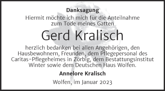Traueranzeige von Gerd Kralisch von Trauerkombi Bitterfeld