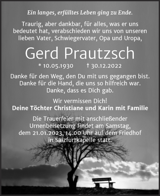Traueranzeige von Gerd Prautzsch von Trauerkombi Bitterfeld