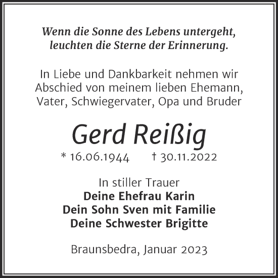 Traueranzeige von Gerd Reißig von Trauerkombi Merseburg