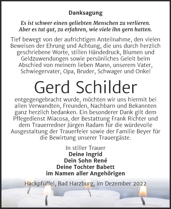 Traueranzeige von Gerd Schilder von Trauerkombi Sangerhausen