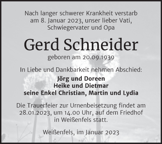 Traueranzeige von Gerd Schneider von Trauerkombi Weißenfels