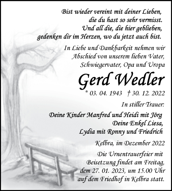 Traueranzeige von Gerd Wedler von Trauerkombi Sangerhausen