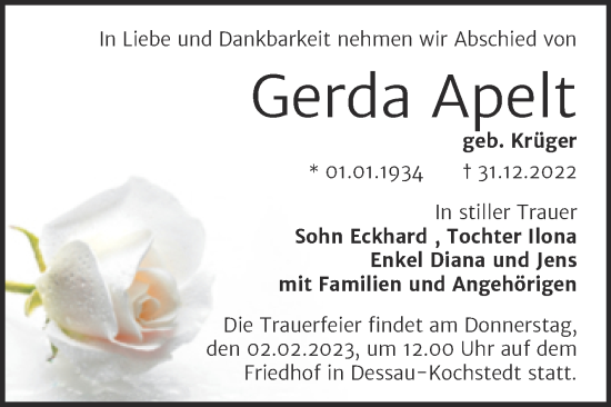 Traueranzeige von Gerda Apelt von Trauerkombi Dessau