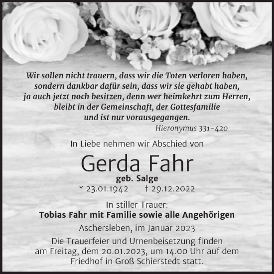 Traueranzeige von Gerda Fahr von Trauerkombi Aschersleben