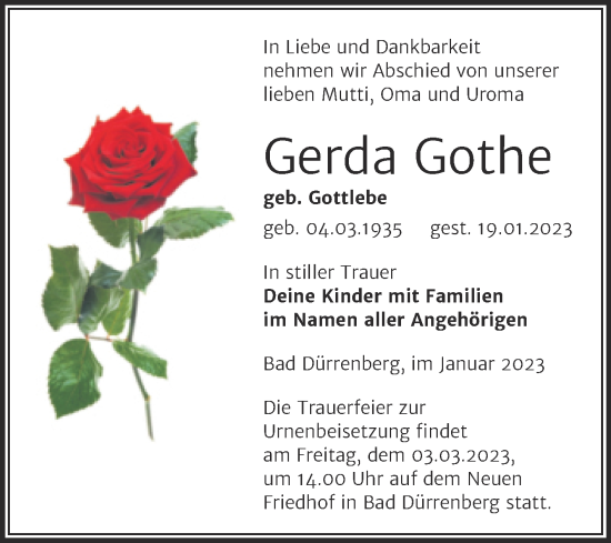 Traueranzeige von Gerda Gothe von Trauerkombi Merseburg