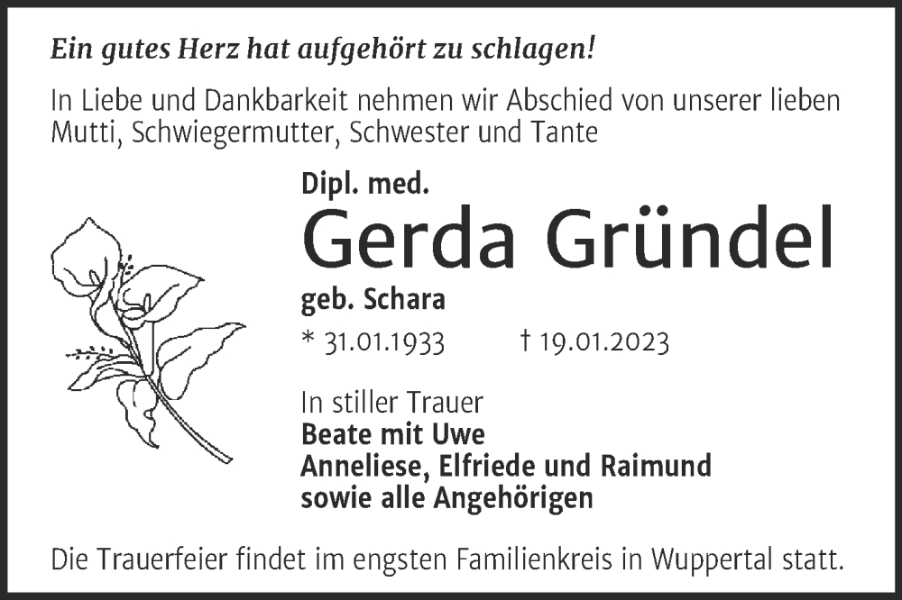  Traueranzeige für Gerda Gründel vom 28.01.2023 aus Mitteldeutsche Zeitung Halle/Saalkreis