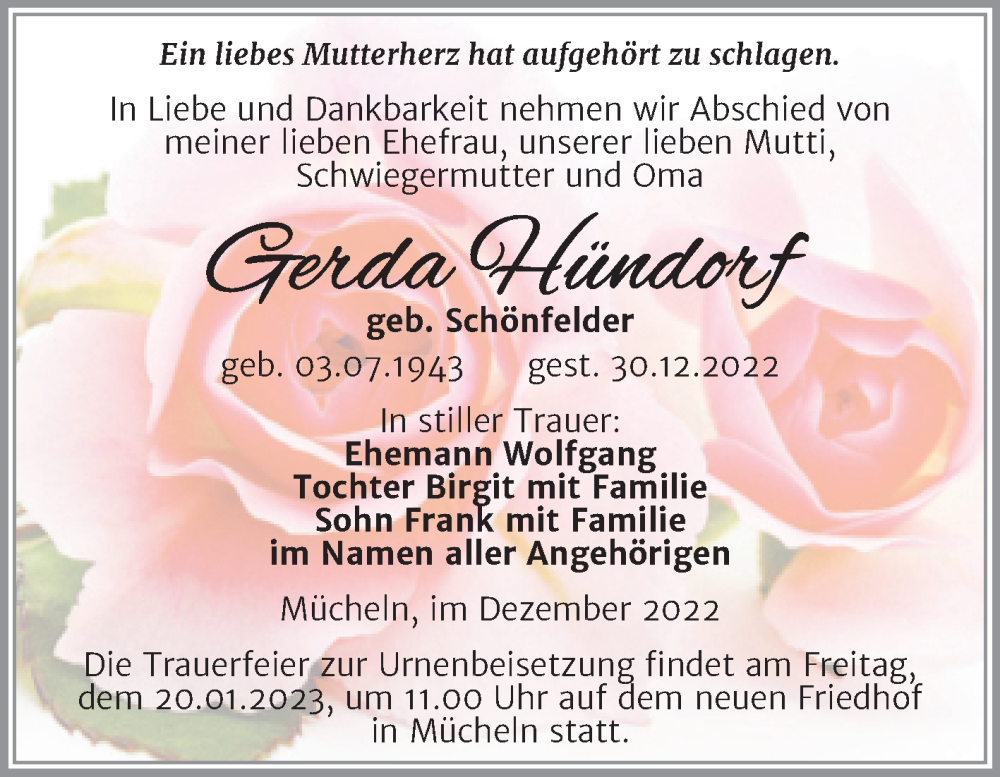  Traueranzeige für Gerda Hündorf vom 14.01.2023 aus Trauerkombi Merseburg