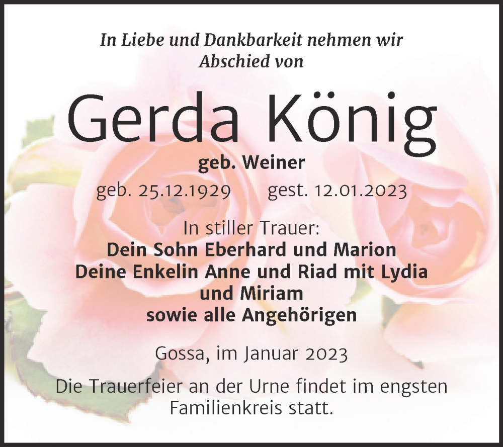  Traueranzeige für Gerda König vom 21.01.2023 aus Trauerkombi Wittenberg