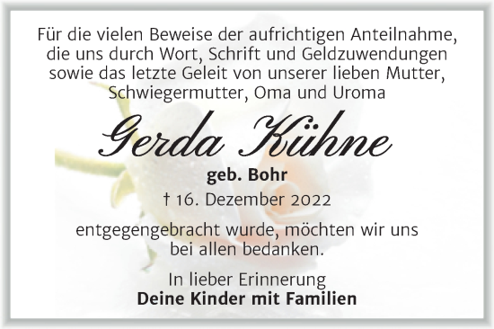 Traueranzeige von Gerda Kühne von Trauerkombi Merseburg