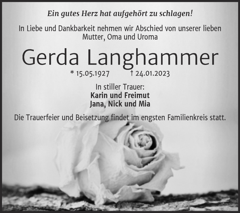  Traueranzeige für Gerda Langhammer vom 28.01.2023 aus Trauerkombi Bitterfeld