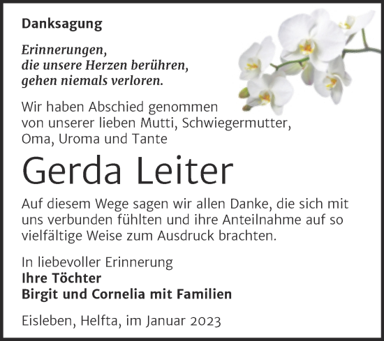 Traueranzeige von Gerda Leiter von Trauerkombi Mansfelder Land