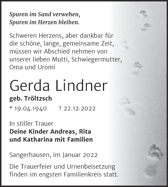 Traueranzeige von Gerda Lindner von Trauerkombi Sangerhausen