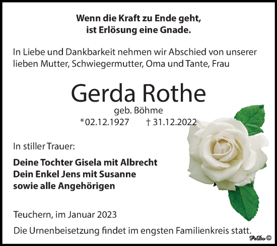Traueranzeige von Gerda Rothe von Trauerkombi Weißenfels