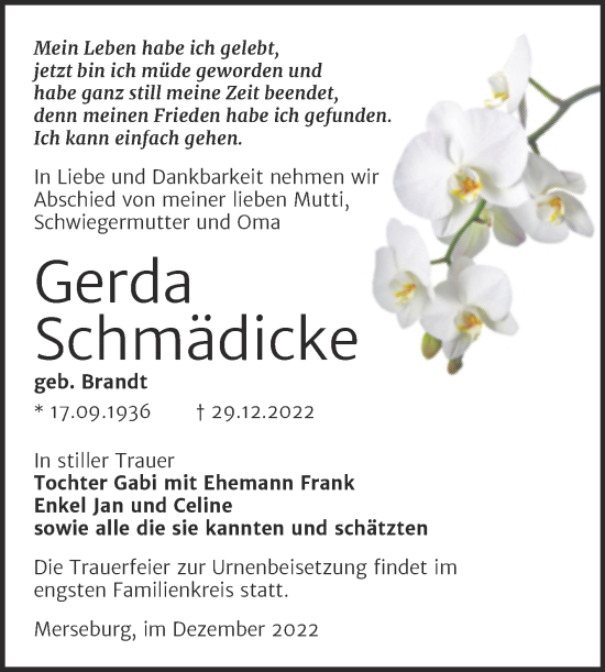 Traueranzeige von Gerda Schmädicke von Trauerkombi Merseburg