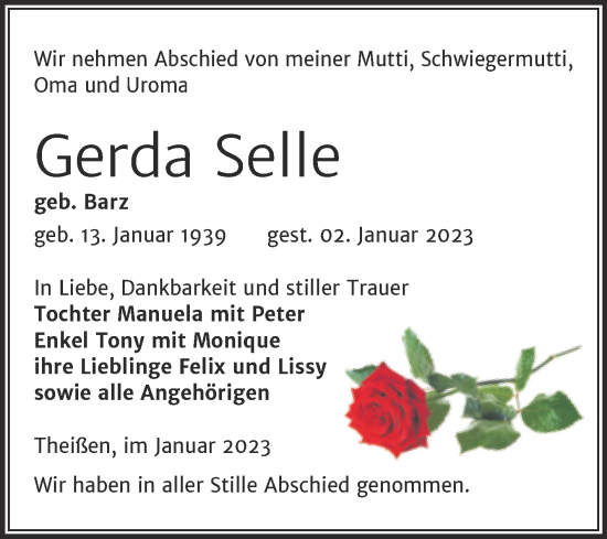 Traueranzeige von Gerda Selle von Trauerkombi Zeitz