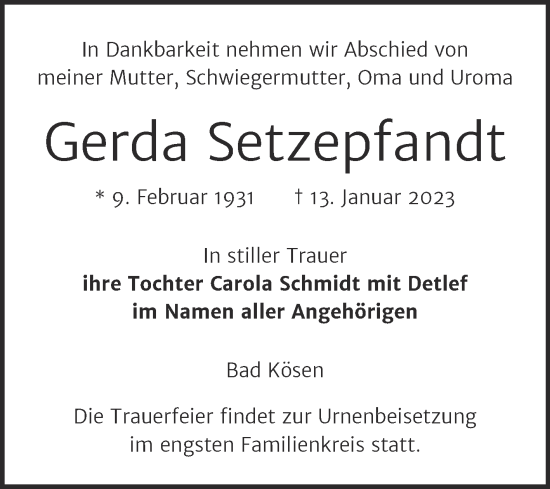 Traueranzeige von Gerda Setzepfandt von Wochenspiegel Naumburg/Nebra