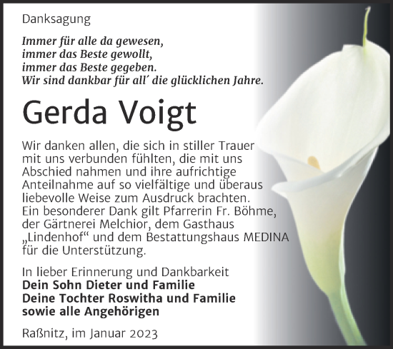 Traueranzeige von Gerda Voigt von Trauerkombi Merseburg