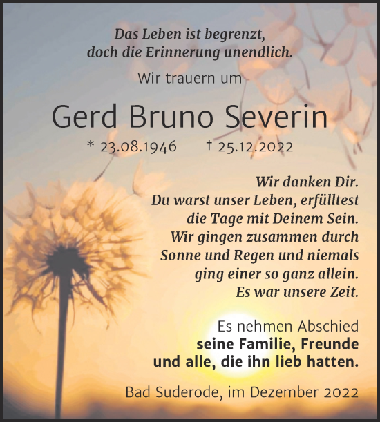 Traueranzeige von Gerd Bruno Severin von Trauerkombi Quedlinburg
