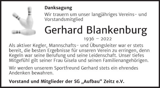Traueranzeige von Gerhard Blankenburg von Trauerkombi Zeitz