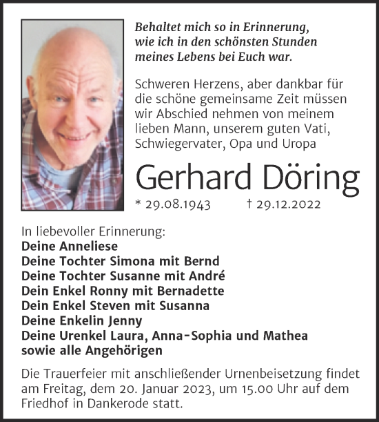 Traueranzeige von Gerhard Döring von Trauerkombi Quedlinburg