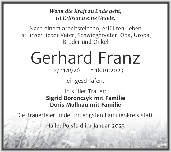 Traueranzeige von Gerhard Franz von Trauerkombi Sangerhausen