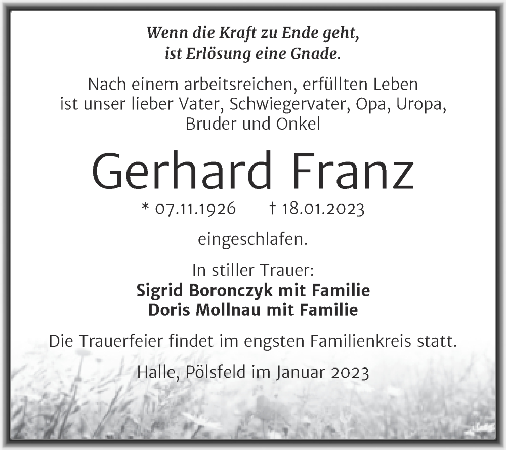  Traueranzeige für Gerhard Franz vom 28.01.2023 aus Trauerkombi Sangerhausen