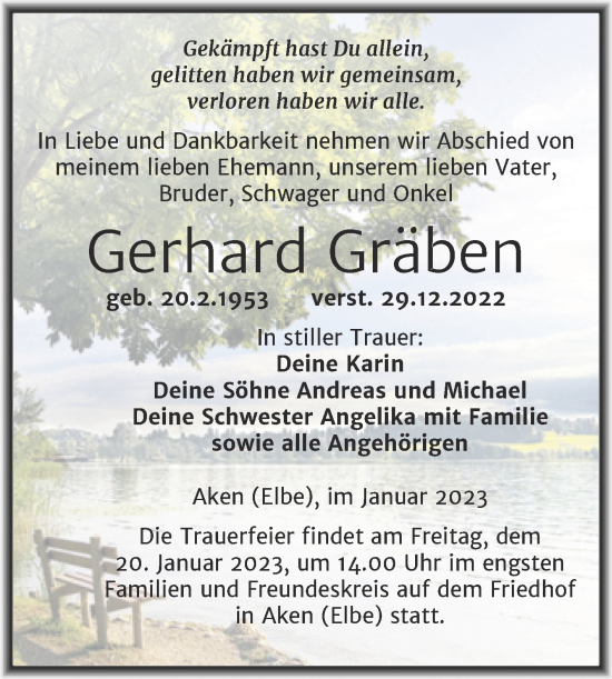 Traueranzeige von Gerhard Gräben von Trauerkombi Dessau