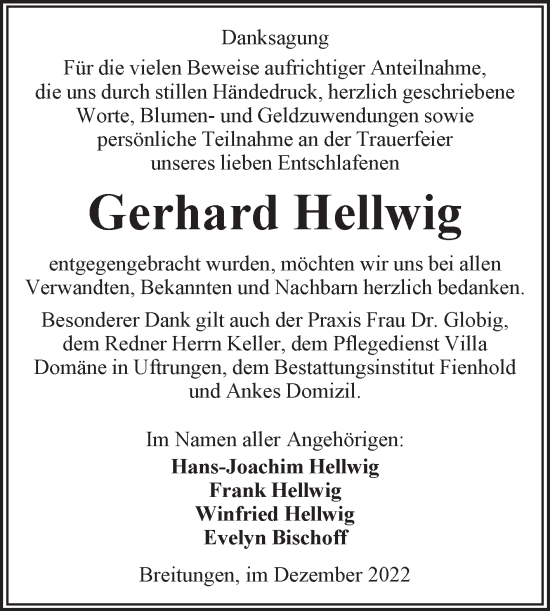 Traueranzeige von Gerhard Hellwig von Trauerkombi Sangerhausen