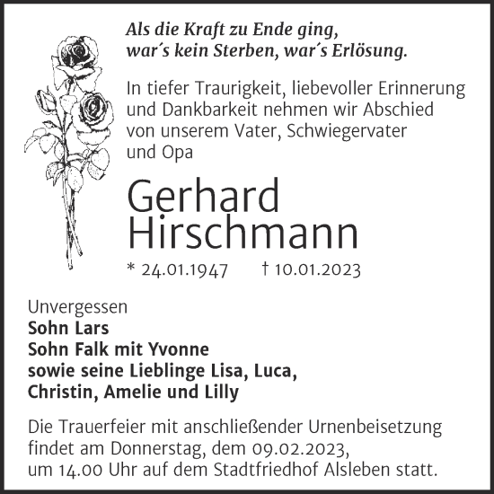Traueranzeige von Gerhard Hirschmann von Trauerkombi Bernburg