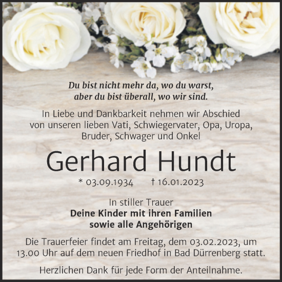 Traueranzeige von Gerhard Hundt von Super Sonntag Naumburg/Nebra