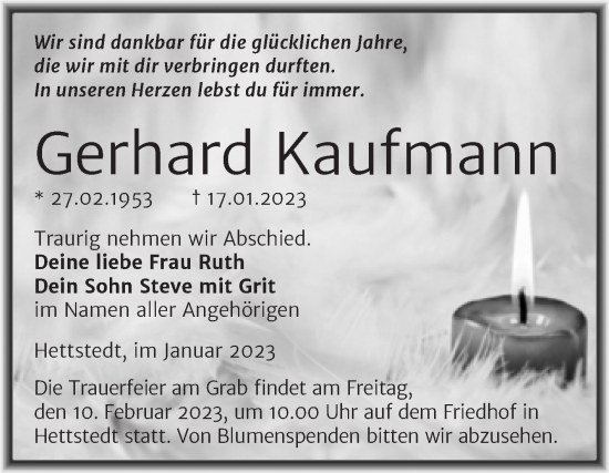 Traueranzeige von Gerhard Kaufmann von Trauerkombi Mansfelder Land