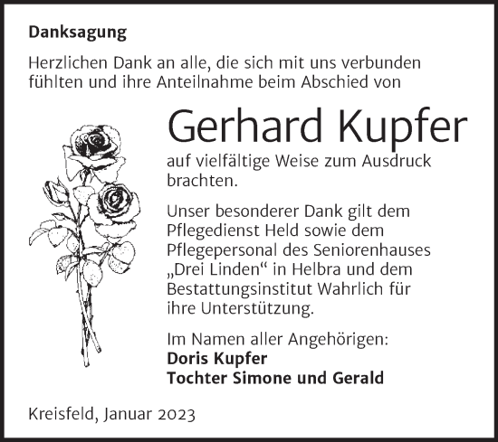 Traueranzeige von Gerhard Kupfer von Trauerkombi Mansfelder Land