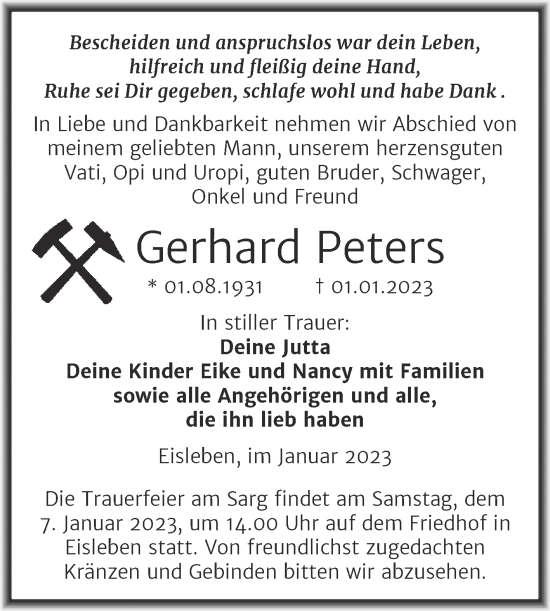Traueranzeige von Gerhard Peters von Mitteldeutsche Zeitung Mansfelder Land