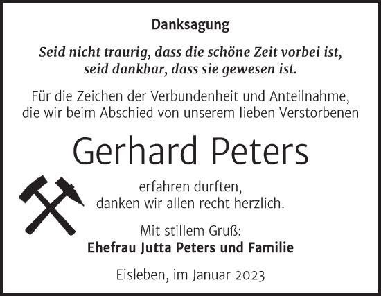 Traueranzeige von Gerhard Peters von Trauerkombi Mansfelder Land