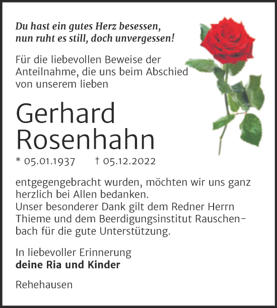 Traueranzeige von Gerhard Rosenhahn von Wochenspiegel Naumburg/Nebra
