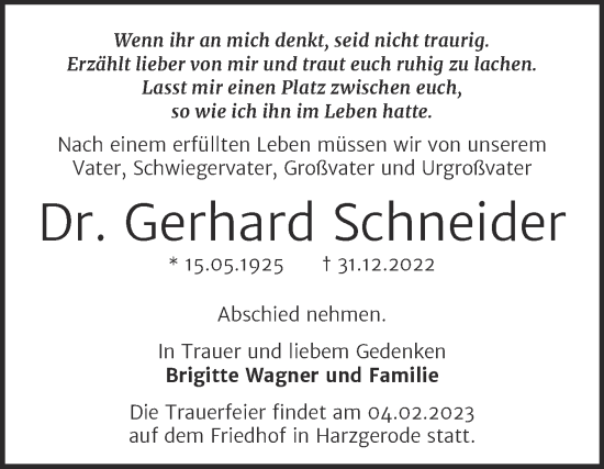 Traueranzeige von Gerhard Schneider von Mitteldeutsche Zeitung Quedlingburg