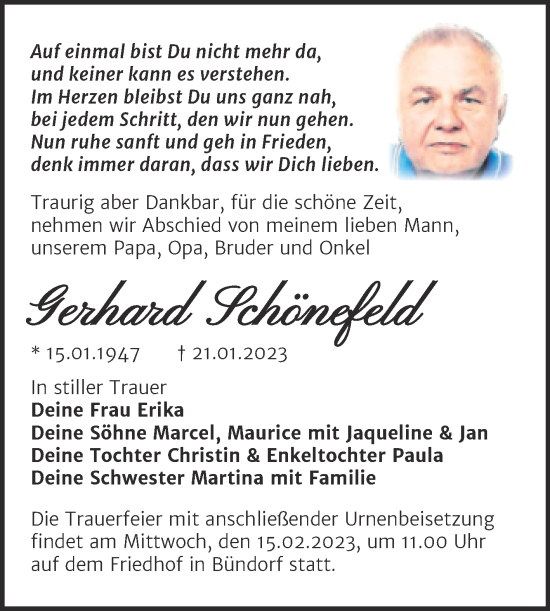 Traueranzeige von Gerhard Schönefeld von Trauerkombi Merseburg