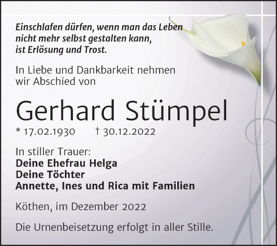 Traueranzeige von Gerhard Stümpel von Trauerkombi Köthen