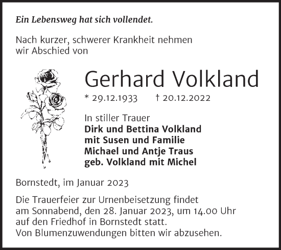 Traueranzeige von Gerhard Volkland von Trauerkombi Mansfelder Land