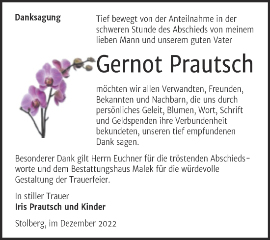 Traueranzeige von Gernot Prautsch von Trauerkombi Sangerhausen