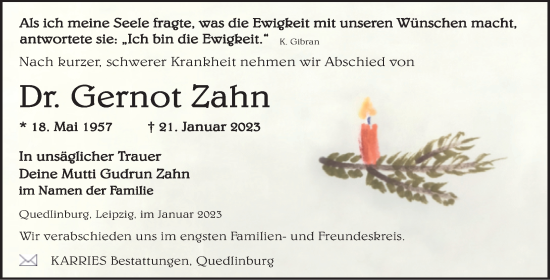 Traueranzeige von Gernot Zahn von Trauerkombi Quedlinburg