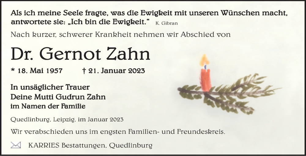  Traueranzeige für Gernot Zahn vom 28.01.2023 aus Trauerkombi Quedlinburg